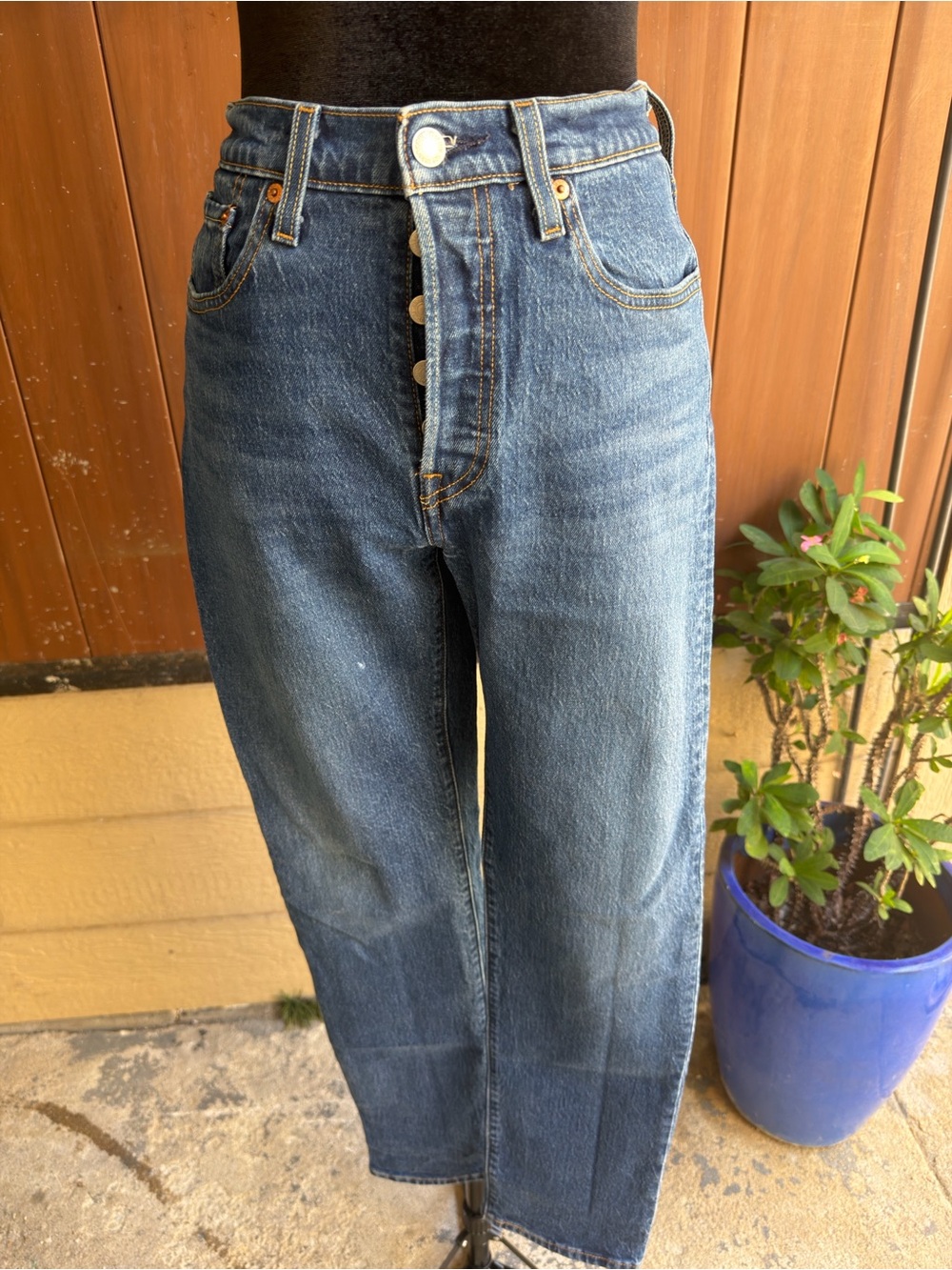 Levi's High-Rise Button-Fly Jeans in Dark Blue Denim
